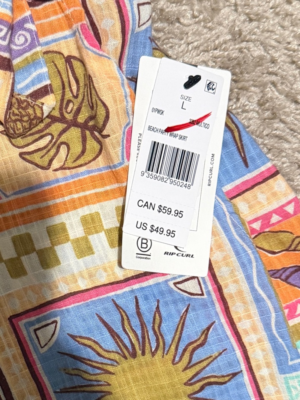Rip Curl Tropical Sun & Leaf Print Wrap Skirt in Blue, Yellow & Pink - Picture 2 of 2